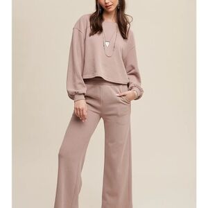 LISTICLE Knit/ Cotton/ Poly Long Sleeve and Wide-Leg Pants Lounge Set NWT